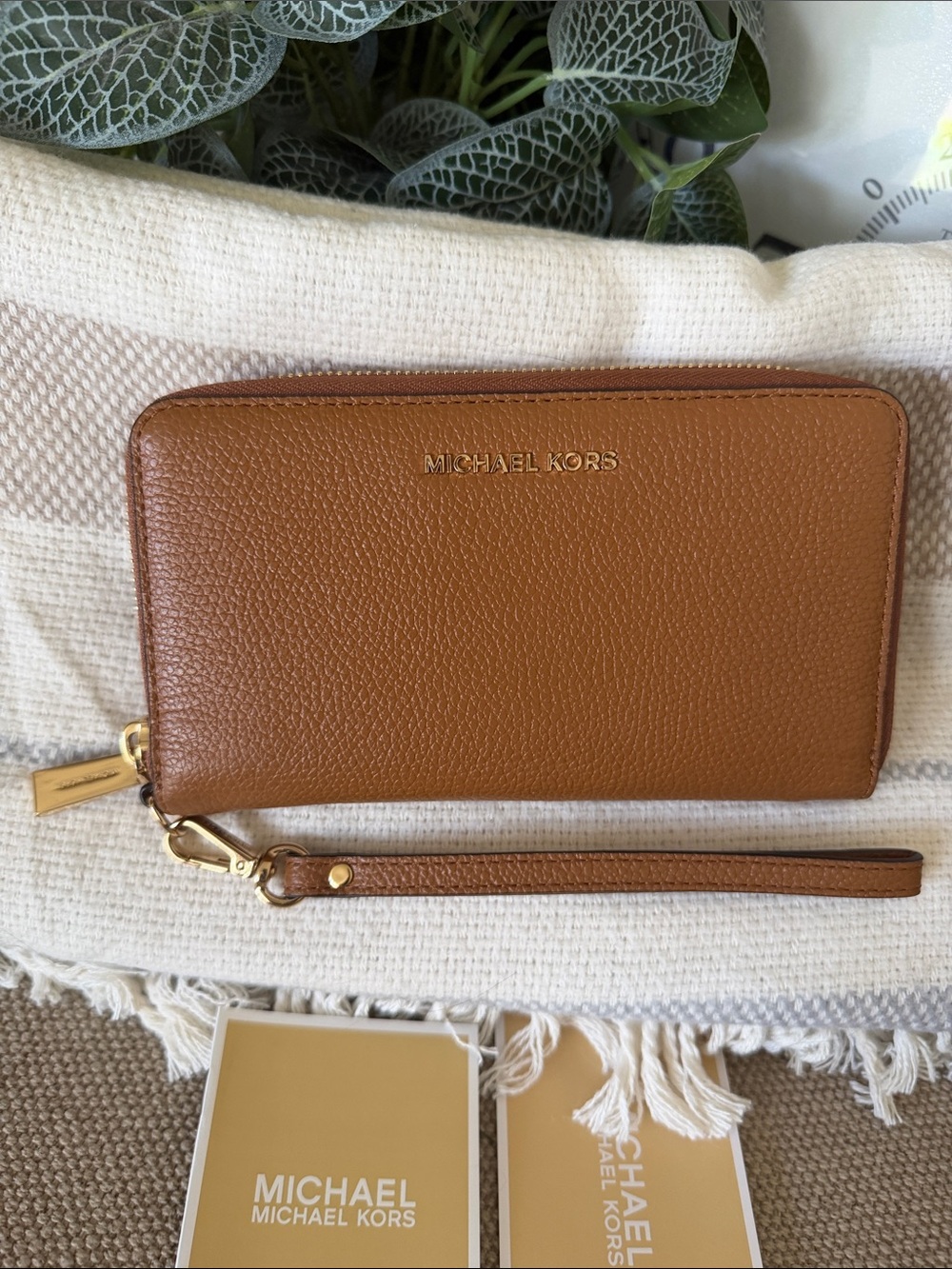 Michael Kors Cognac Pebbled Leather Zip Wristlet Wallet with Gold Hardware